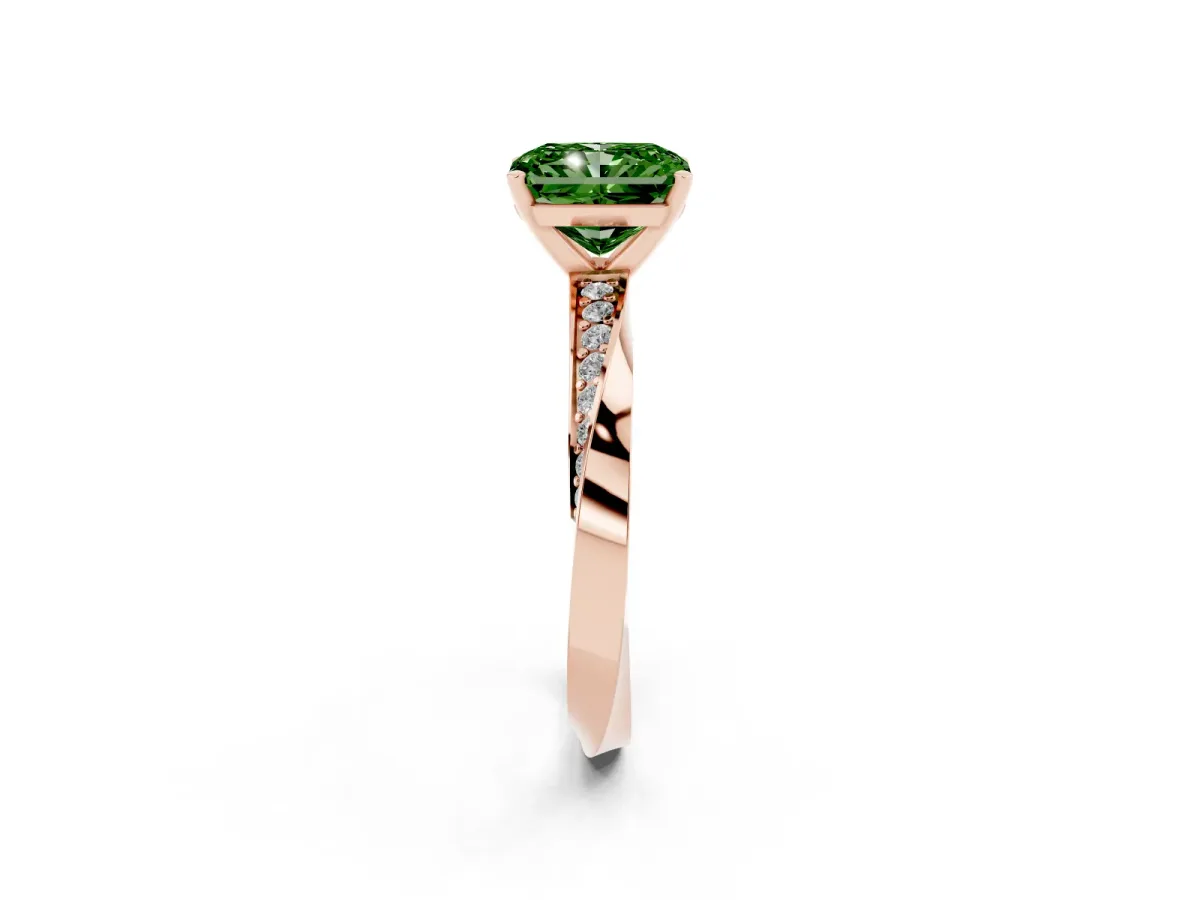 Fancy Green Radiant Cut Diamond Engagement Ring with Side Stone Accents and Four-Prong Setting Rose gold