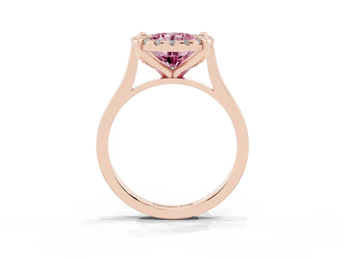 Fancy Pink Round Cut Diamond Cluster Halo Solitaire with Four-Prong Setting Rose gold
