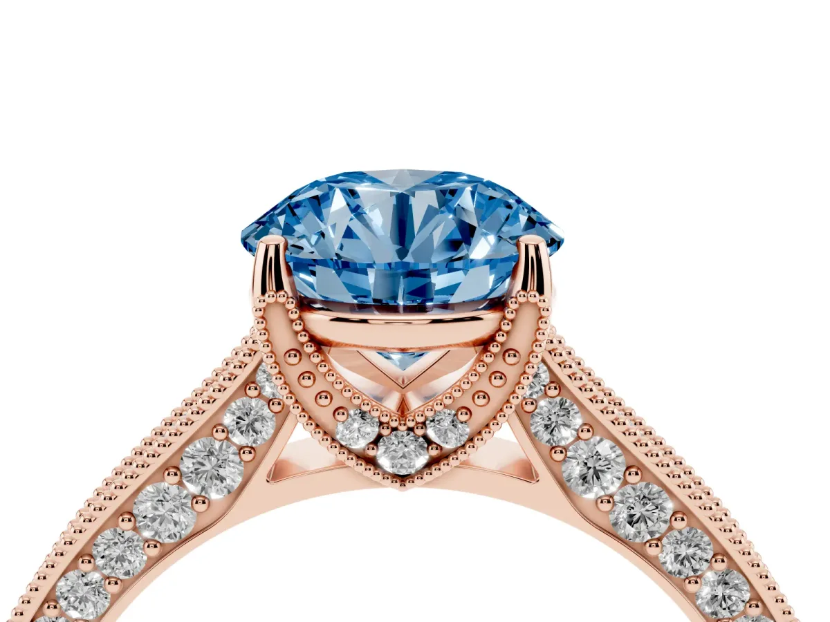 Fancy Blue Round Cut Cut Diamond Solitaire Ring with Milgrain Pave Band and Four Prong Setting Rose gold
