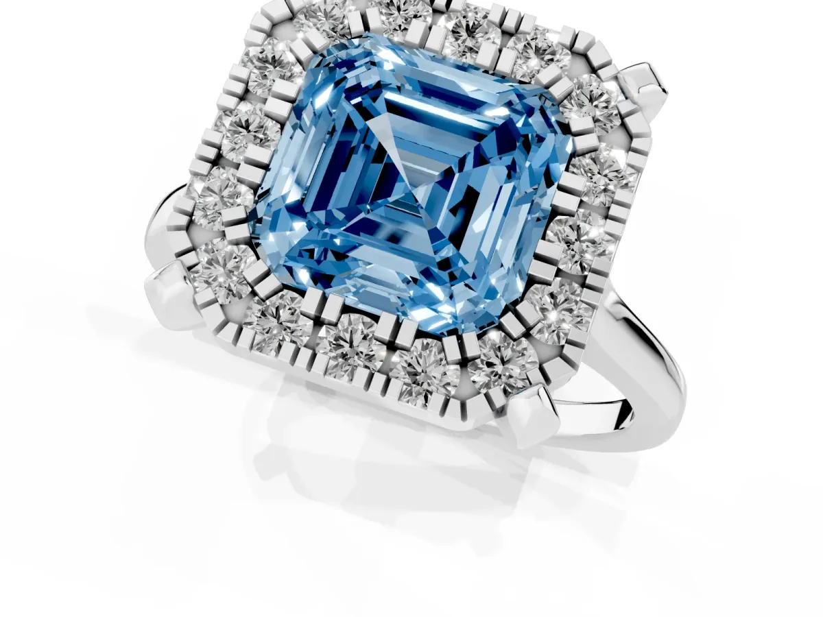 Fancy Blue Asscher Cut Diamond Cluster Halo Solitaire with Four-Prong Setting Silver