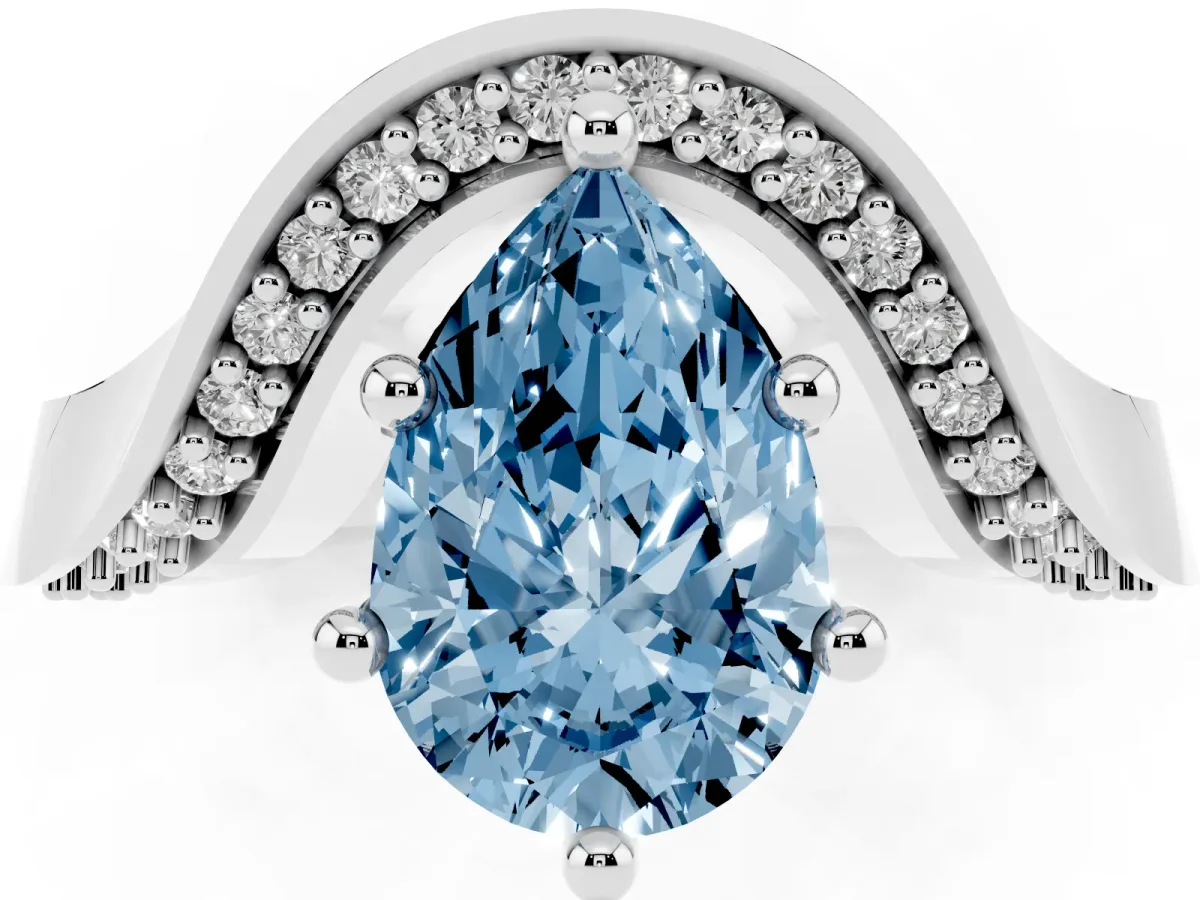 Fancy Blue Pear Cut Solitaire Diamond Engagement Ring with Pave Band and Four-Prong Setting Silver