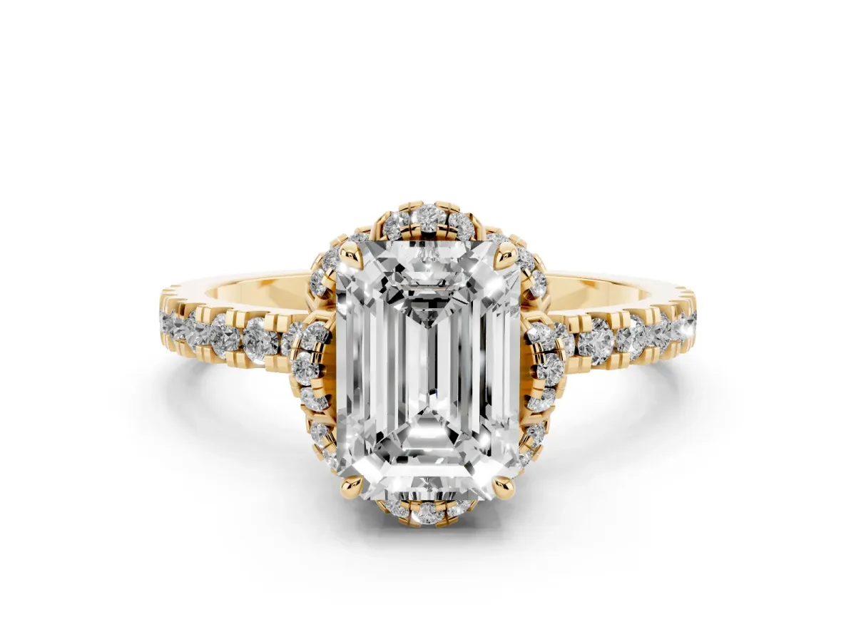 Emerald Cut Diamond Halo Pave Band with Four-Prong Setting Yellow gold
