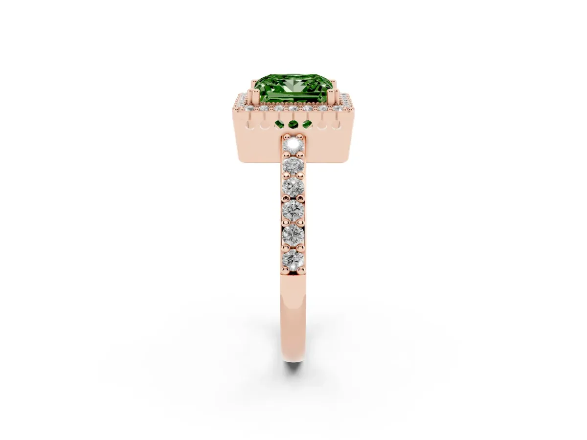 Fancy Green Princess Cut Cut Diamond Halo Engagement Ring with Milgrain Detail and Pavé Band Rose gold