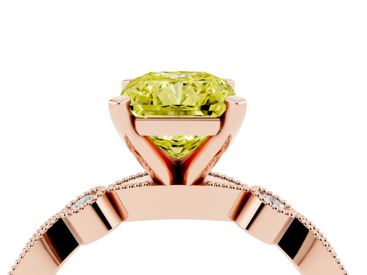 Fancy Yellow Radiant Cut Milgrain Bezel Diamond Engagement Ring with Solitaire Prong Setting Rose gold