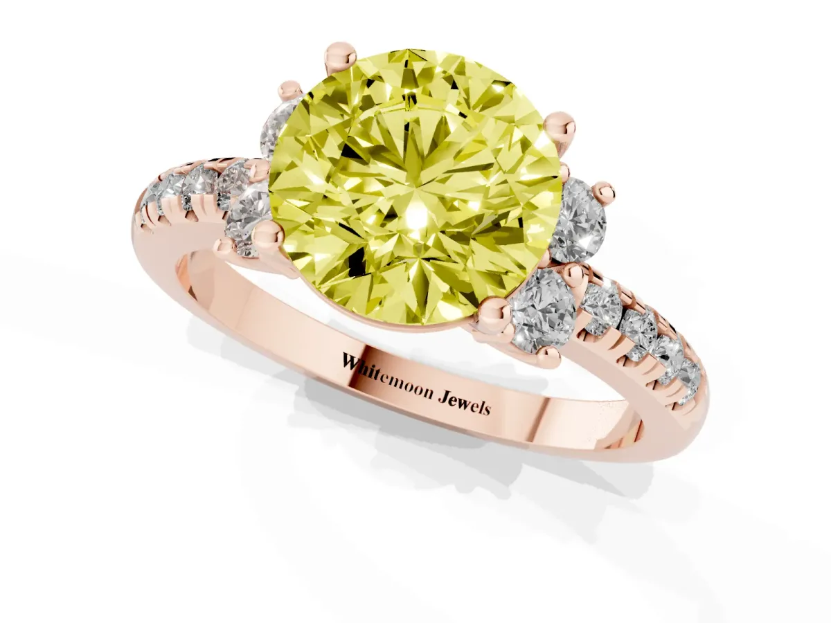 Fancy Yellow Round Cut Diamond Three-Stone Pave Band with Four-Prong Setting Rose gold
