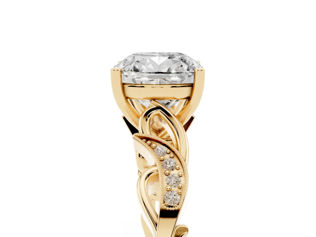 Cushion Cut Solitaire Vine Band with Milgrain Prong Setting Yellow gold
