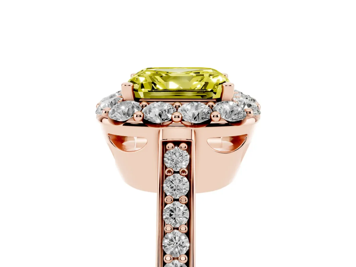 Fancy Yellow Asscher Cut Diamond Floral Halo Ring with Pavé Band and Prong Setting Rose gold