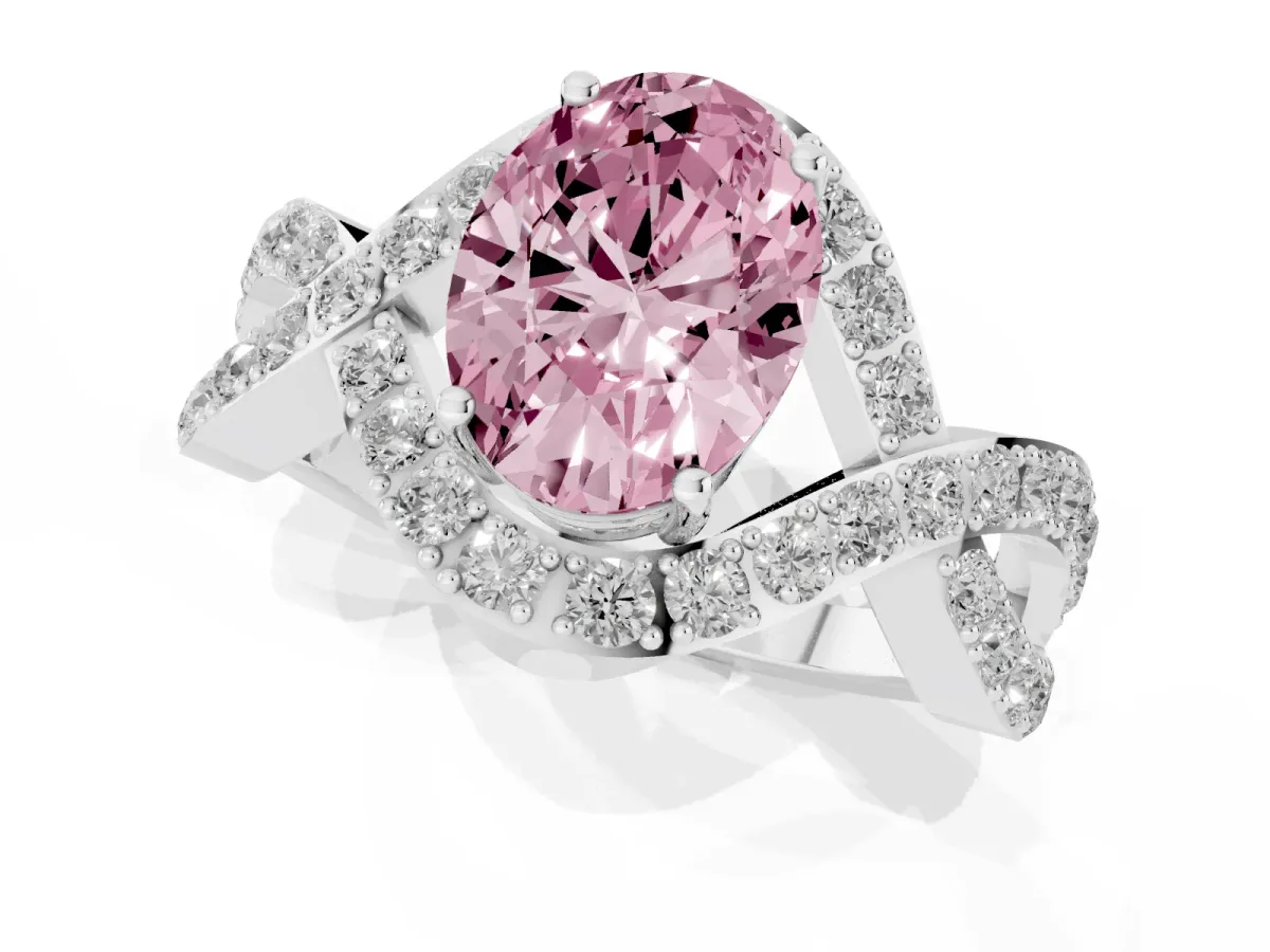 Fancy Pink Oval Cut Solitaire Twist Band Pavé Diamond Engagement Ring Silver