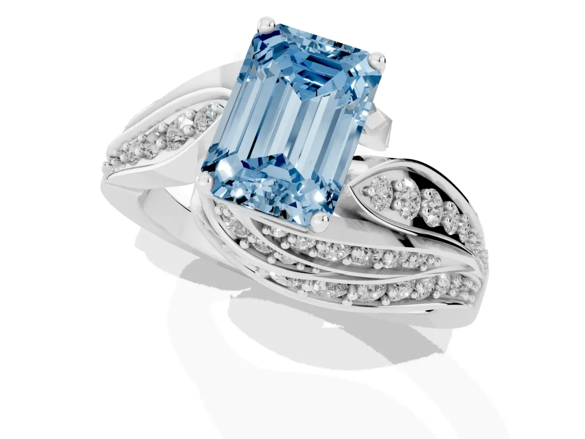 Fancy Blue Emerald Cut Diamond Solitaire Ring with Prong Setting and Twisted Pavé Band Platinum