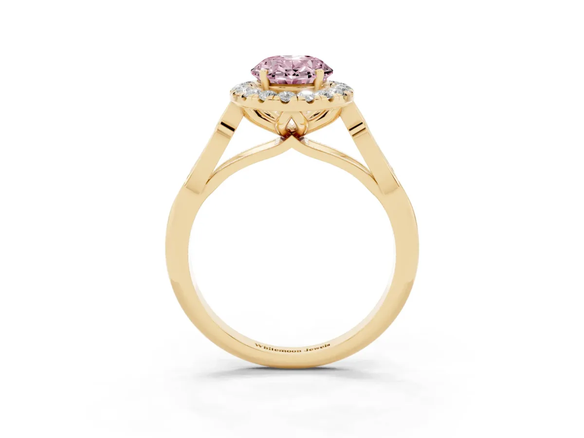 Fancy Pink Oval Cut Halo Diamond Engagement Ring with Filigree Band and Four-Prong Setting Yellow gold