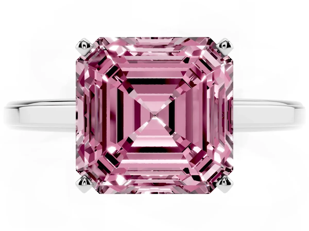 Fancy Pink Asscher Cut Solitaire Diamond Ring with Four-Prong Setting and Classic Band Platinum
