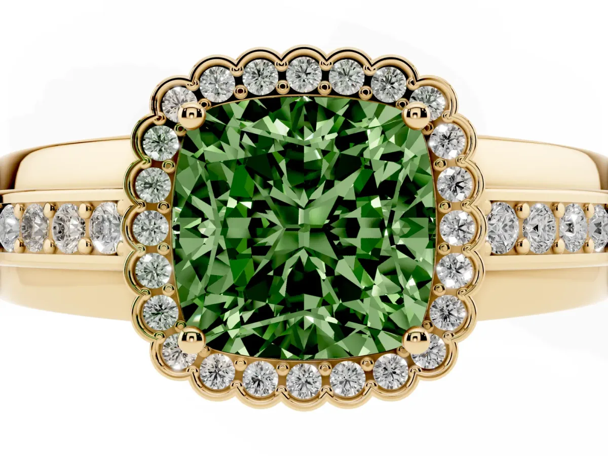 Fancy Green Cushion Cut Cut Halo Pave Band Four-Prong Ring Yellow gold