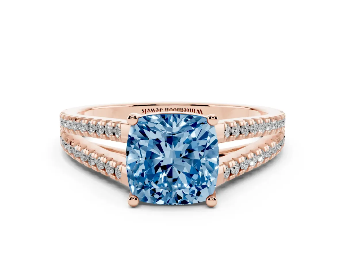 Fancy Blue Cushion Cut Diamond Solitaire Engagement Ring with Split Shank Pavé Band Rose gold