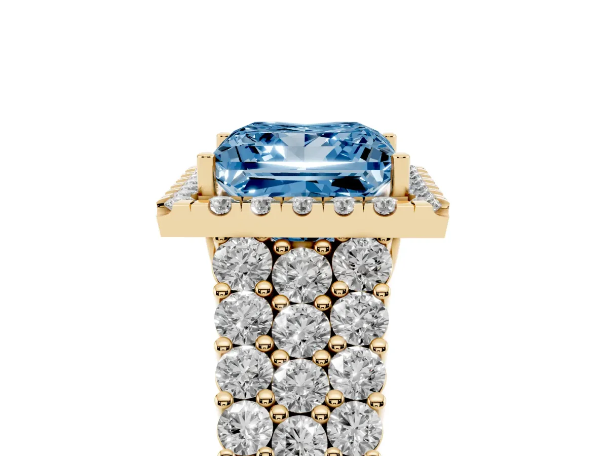 Fancy Blue Princess Cut Diamond Halo Engagement Ring with Triple Row Round Pavé Band and Prong Setting Yellow gold