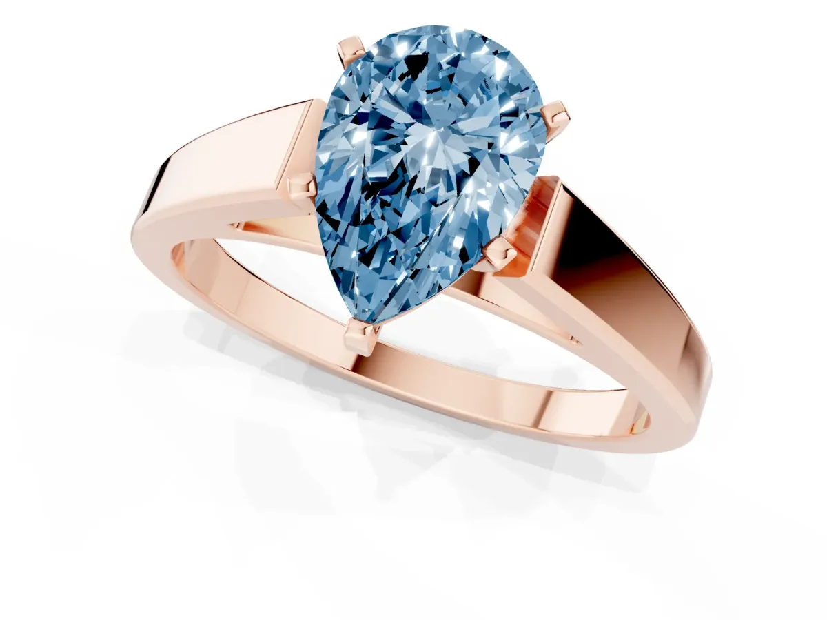 Fancy Blue Pear Cut Solitaire Engagement Ring with Four-Prong Setting and Tapered Band Rose gold