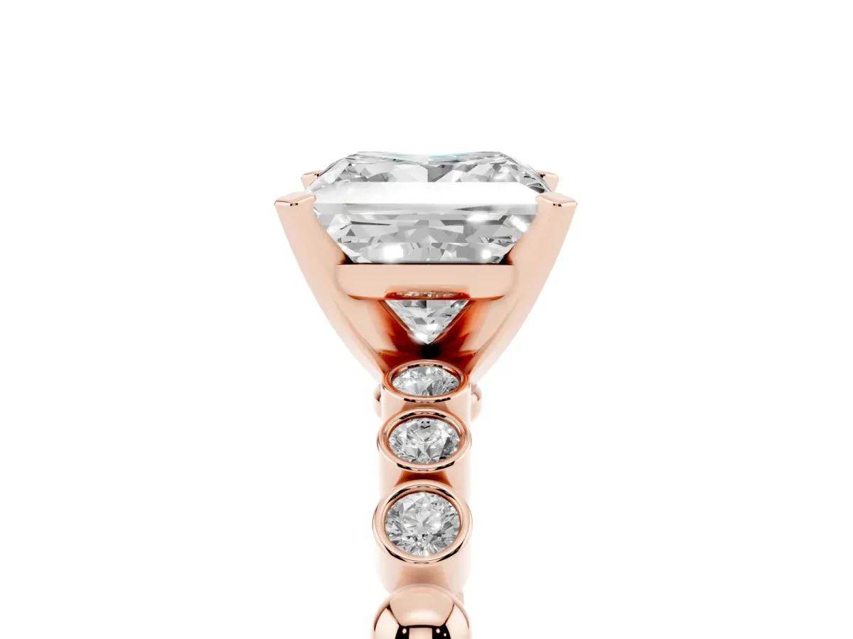 Princess Cut Solitaire Bezel Accent Diamond Engagement Ring with Beaded Band and Four-Prong Setting Rose gold