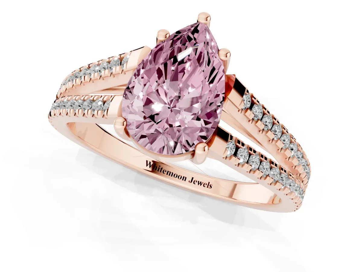 Fancy Pink Pear Cut Diamond Solitaire Engagement Ring with Split Shank Pavé Band Rose gold