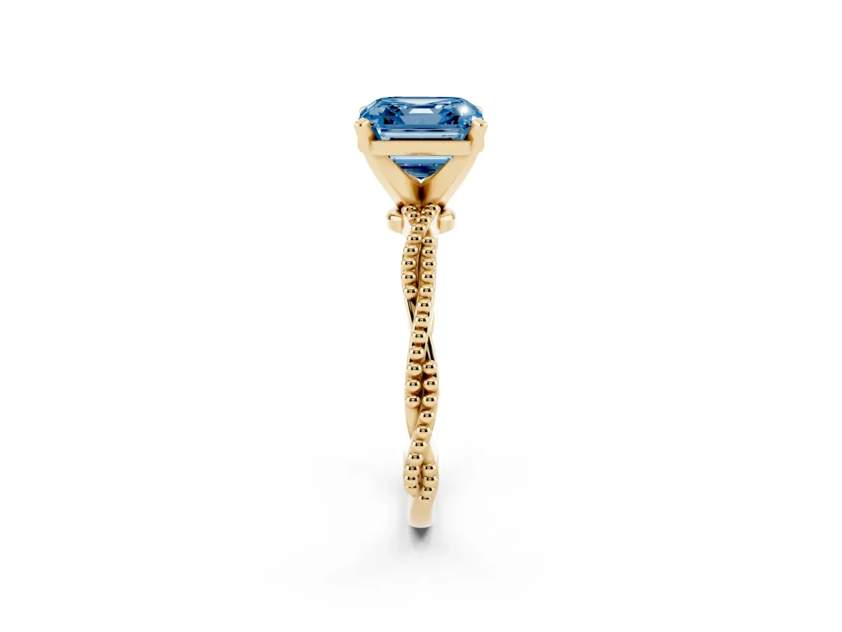 Fancy Blue Asscher Cut Solitaire Twisted Band with Bead Prong Setting Yellow gold