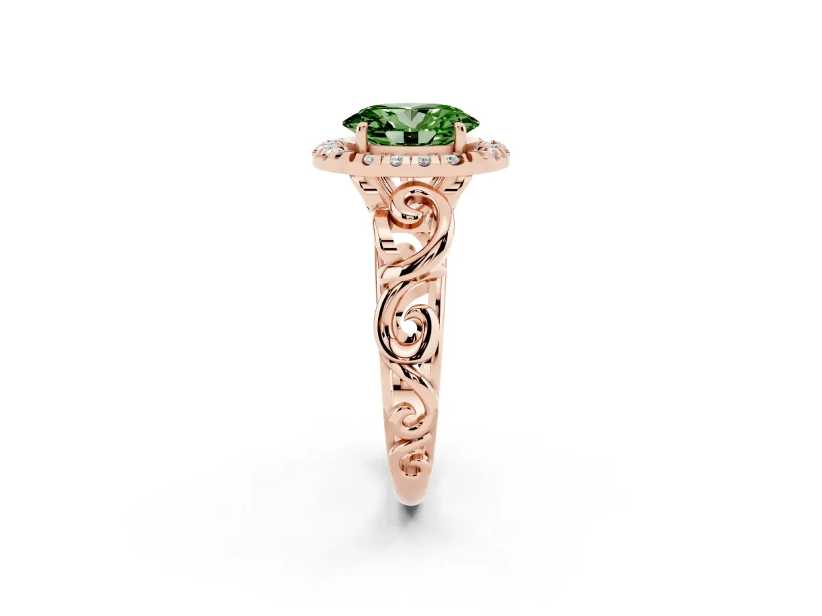 Fancy Green Oval Cut Cut Halo Diamond Ring with Scrollwork Band and Four-Prong Setting Rose gold