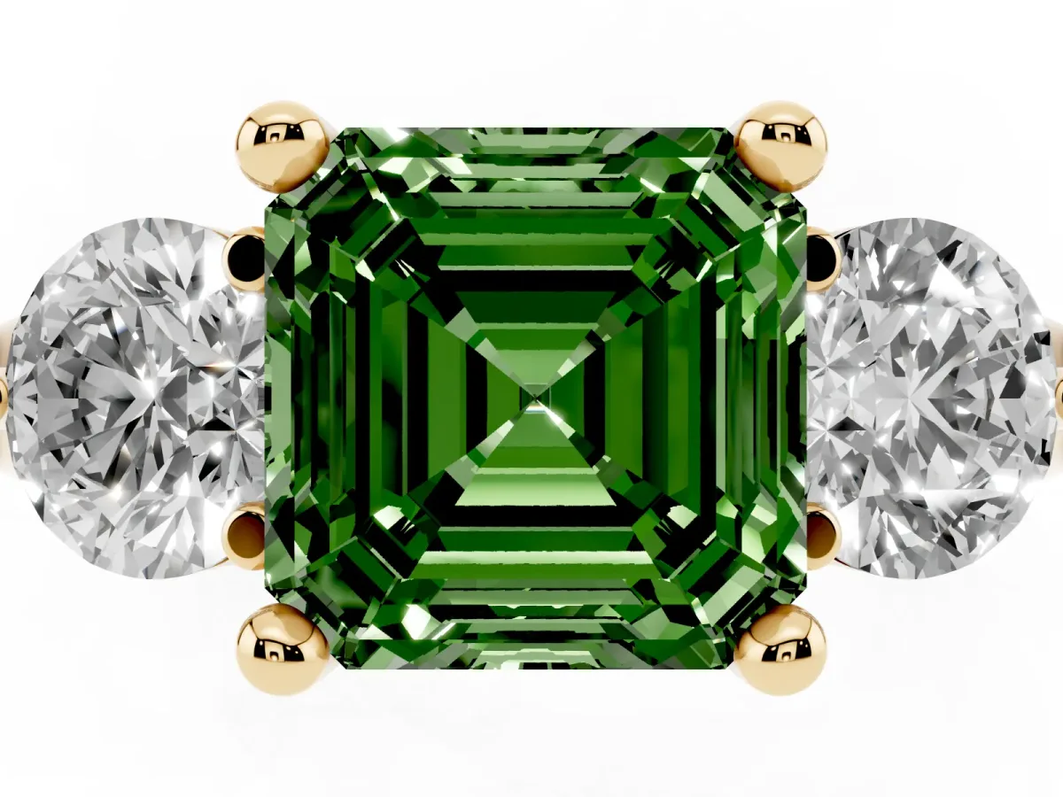 Fancy Green Three-Stone Asscher Cut Brilliant Cut Solitaire Ring with Prong Setting on a Classic Band Yellow gold