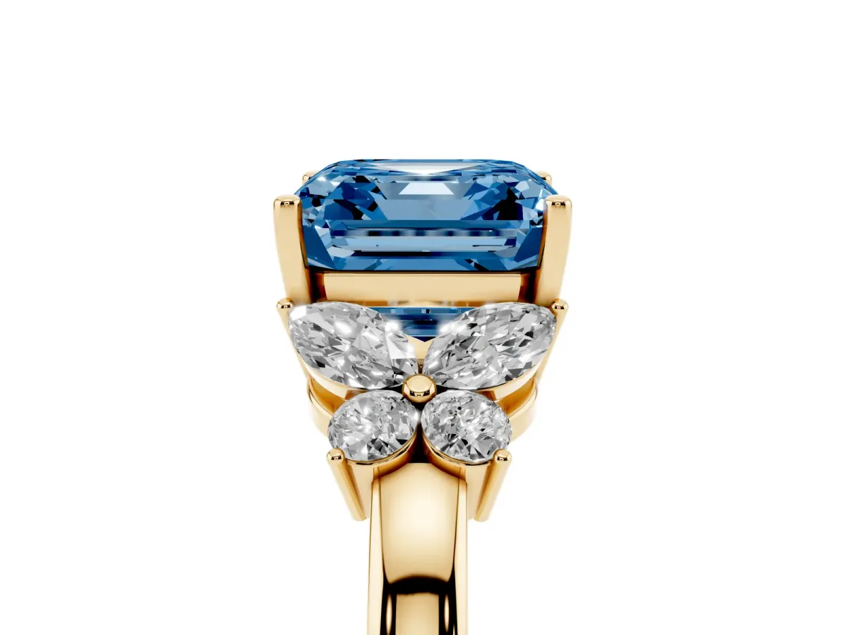 Fancy Blue Asscher Cut Cut Solitaire Floral Diamond Ring with Four-Prong Setting Yellow gold