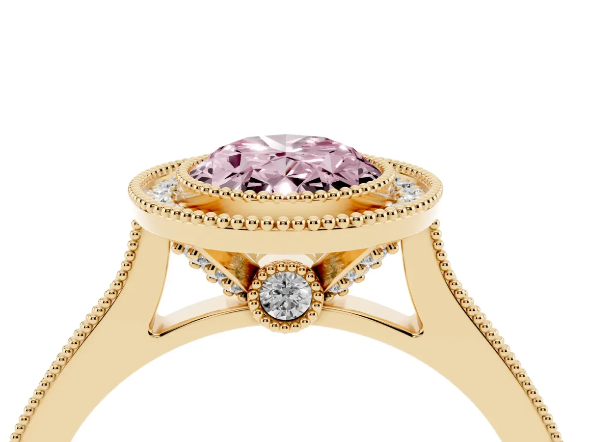 Fancy Pink Halo Oval Cut-Cut Diamond Pave Band Milgrain Prong Setting Ring Yellow gold