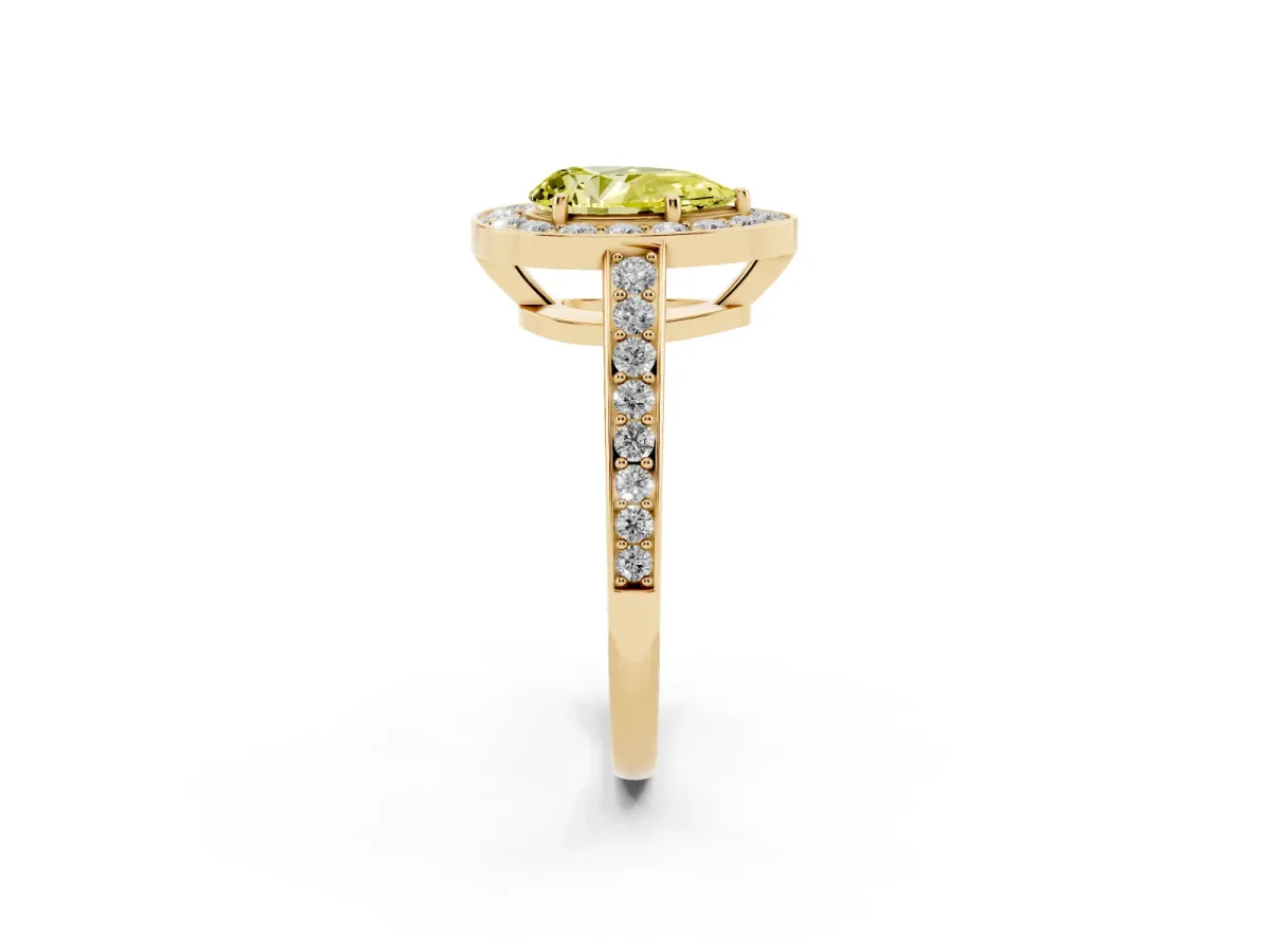 Fancy Yellow Pear Cut Halo Pavé Diamond Engagement Ring with Bezel Setting Yellow gold