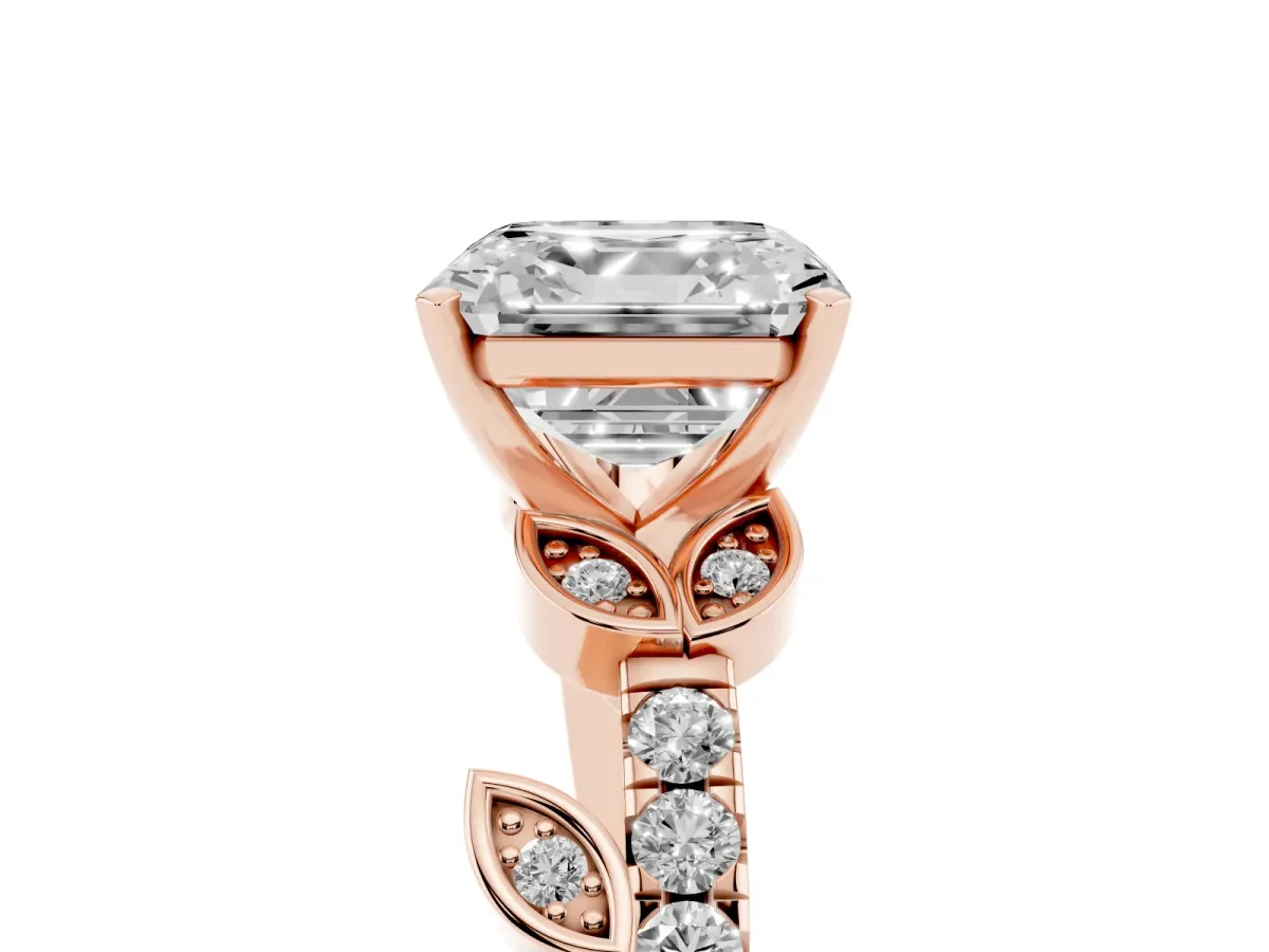 Asscher Cut Solitaire Leaf-Inspired Diamond Ring with Pavé Band and Four-Prong Setting Rose gold