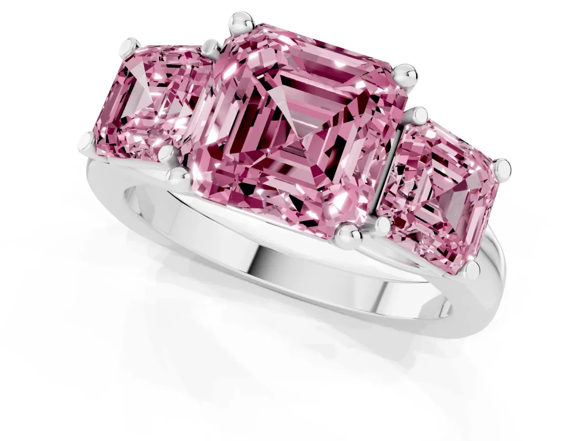 Fancy Pink Three-Stone Asscher Cut Brilliant Diamond Trellis Ring with Comfort Fit Band Silver