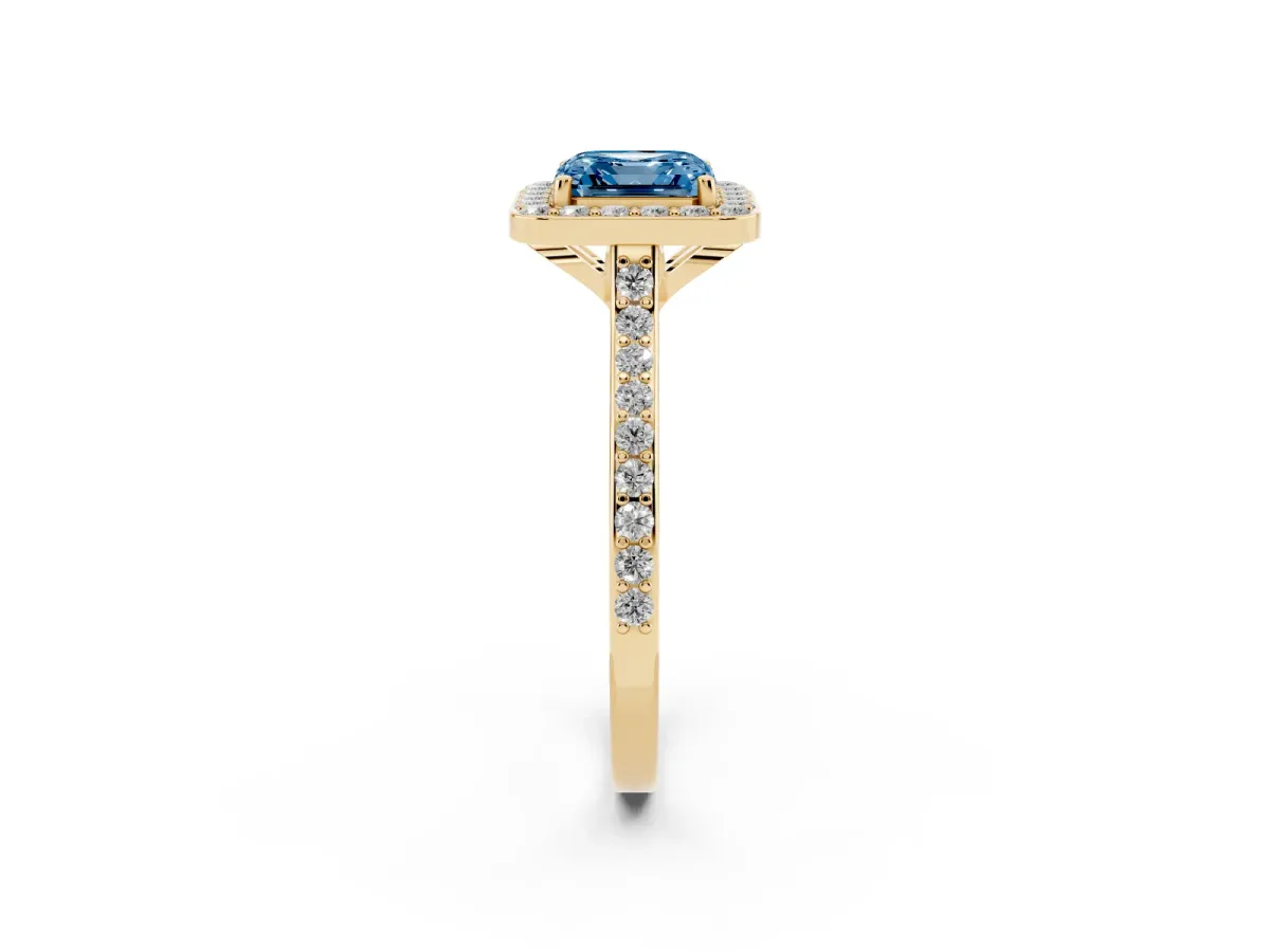 Fancy Blue Asscher Cut Diamond Halo Engagement Ring with Round Pavé Shoulders and Prong Setting Yellow gold