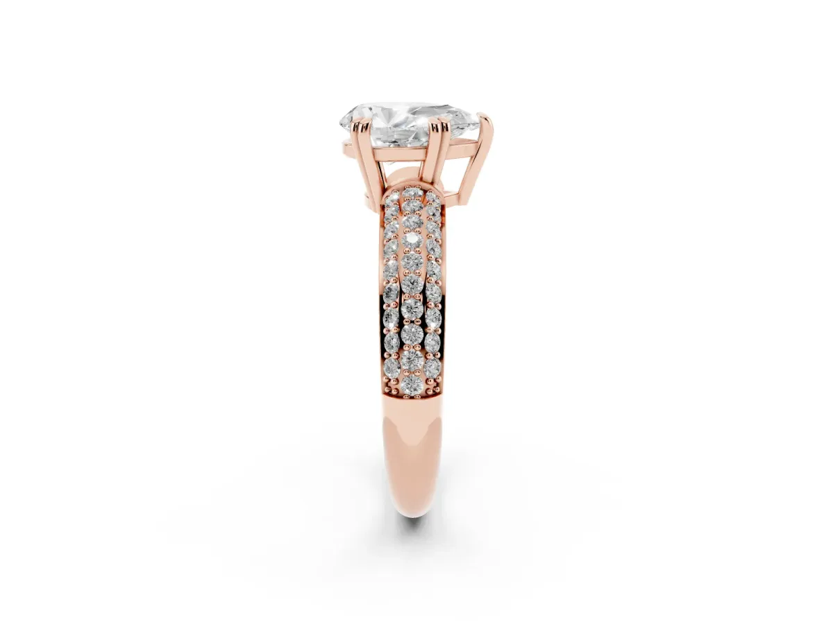 Pear Cut Diamond Solitaire Ring with Multi-Row Round Pavé Band and Prong Setting Rose gold