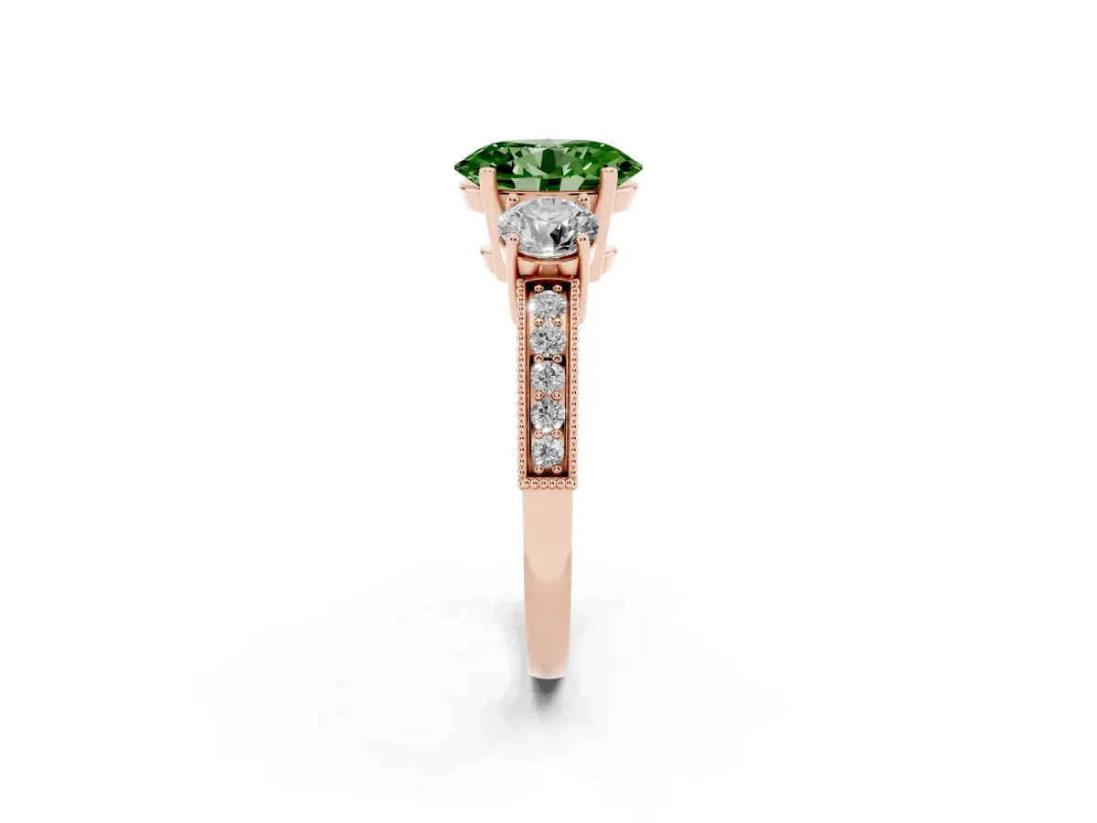 Fancy Green Oval Cut Three-Stone Diamond Ring with Pavé Band and Four-Prong Setting Rose gold