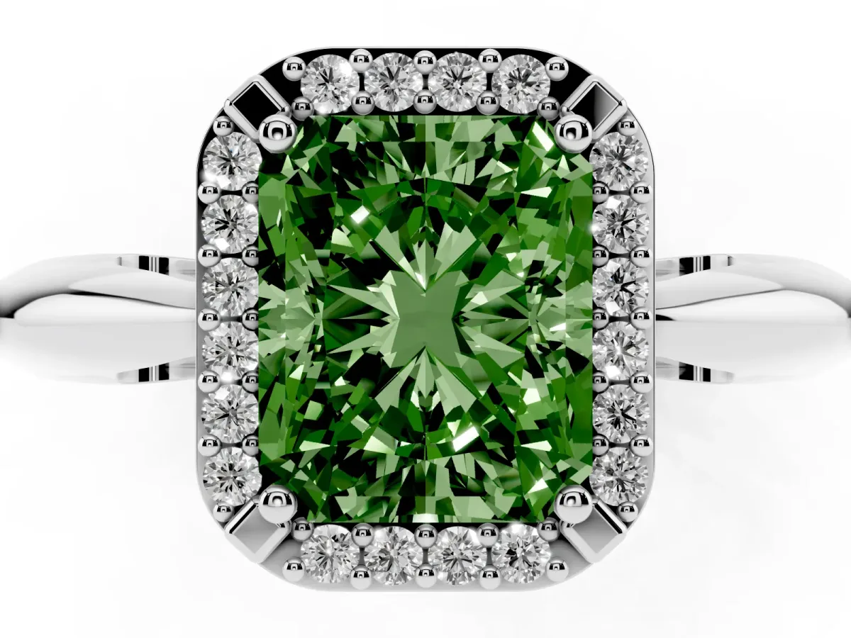 Fancy Green Radiant Cut Cut Diamond Halo Engagement Ring with Split Shank and Four-Prong Setting Silver