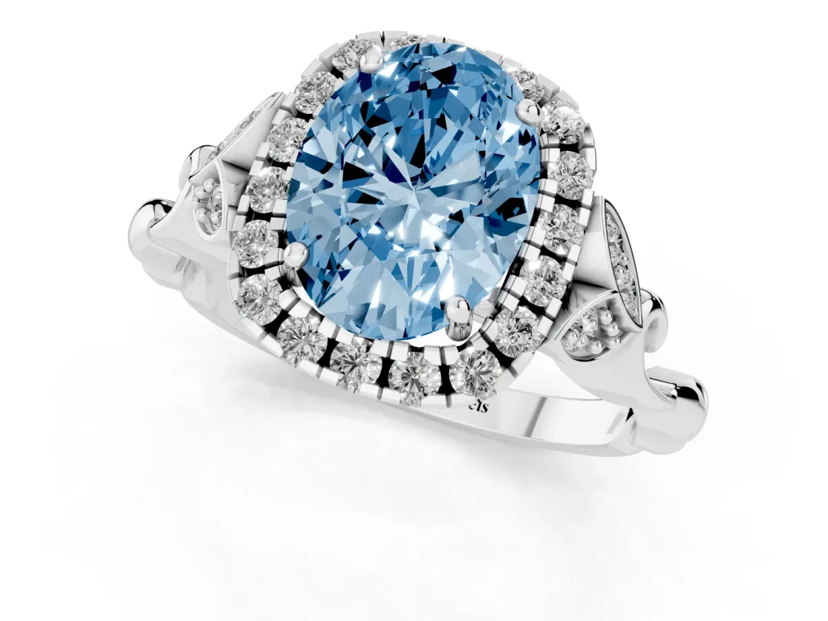 Fancy Blue Oval Cut Halo Diamond Engagement Ring with Vintage-Inspired Band and Four-Prong Setting White gold