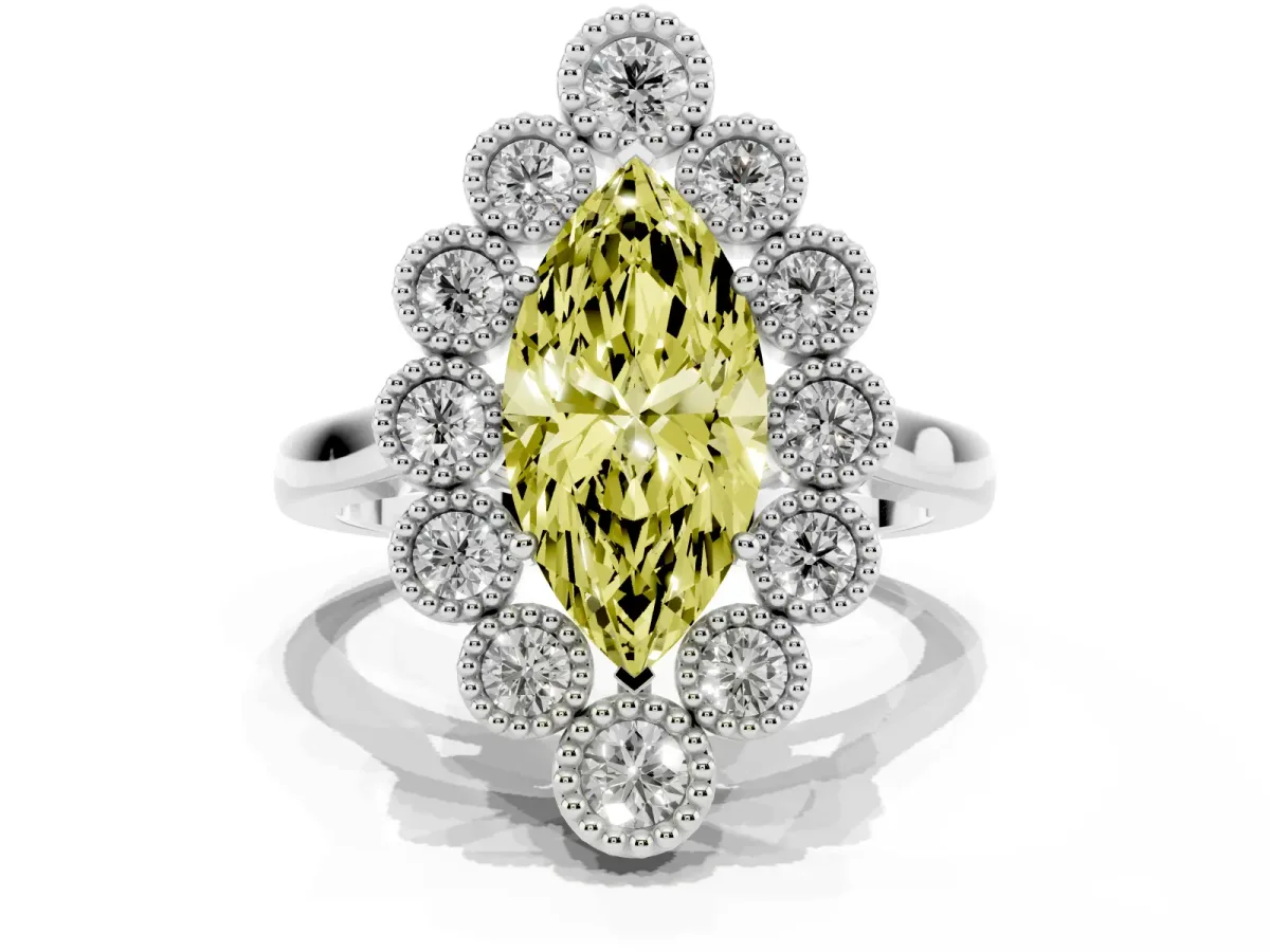 Fancy Yellow Marquise Cut Halo Diamond Cluster Engagement Ring with Milgrain Bezel Setting and Solitaire Band Silver