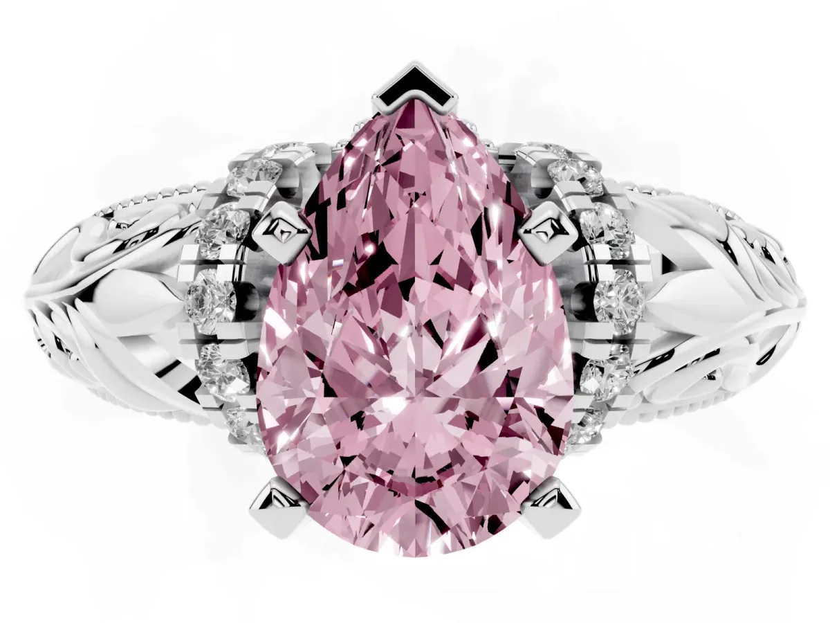 Fancy Pink Pear Cut Solitaire Filigree Engagement Ring with Halo and Prong Setting Silver