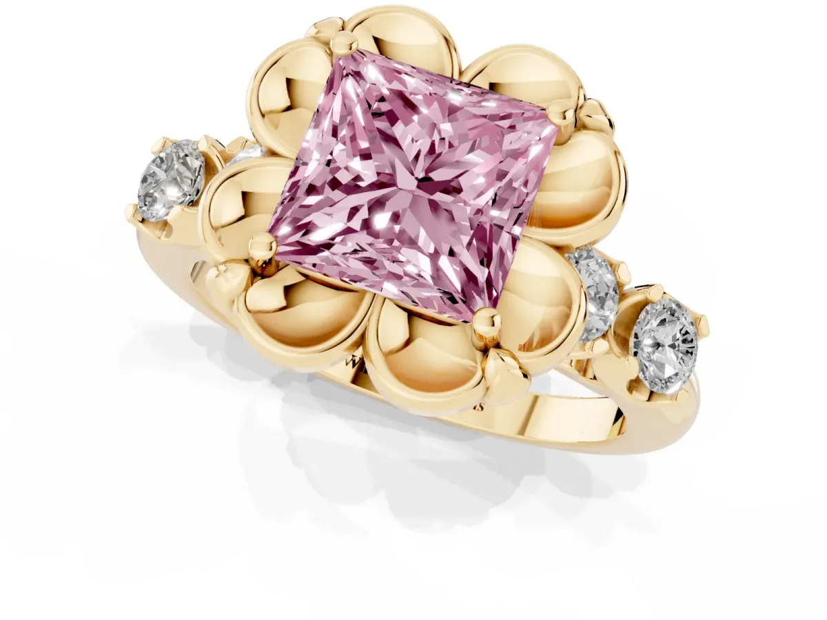 Fancy Pink Princess Cut Cut Diamond Floral Halo Engagement Ring with Shared Prong Setting Yellow gold