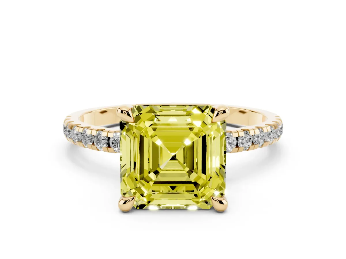 Fancy Yellow Asscher Cut Diamond Brilliant Solitaire Ring with Pavé Band and Four-Prong Setting Yellow gold