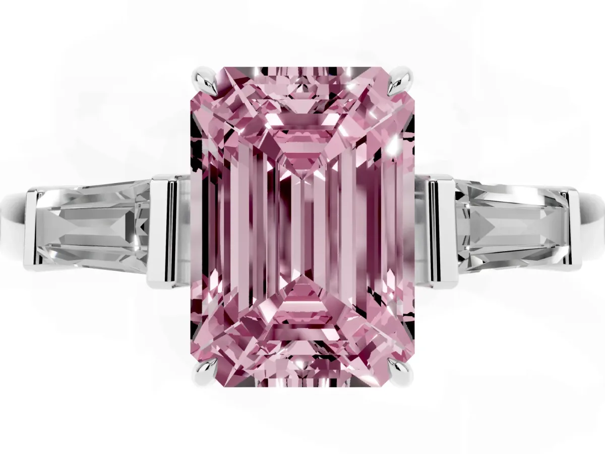 Fancy Pink Emerald Cut Diamond Three-Stone Ring with Tapered Baguette Side Stones and Prong Setting Platinum