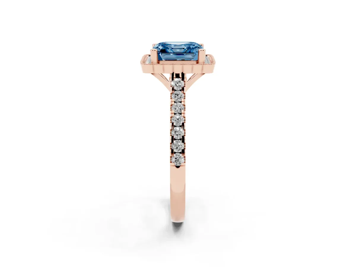 Fancy Blue Asscher Cut Cut Diamond Milgrain Floral Halo Engagement Ring with Pavé Band Rose gold
