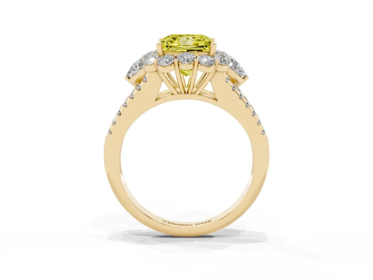 Fancy Yellow Princess Cut Halo Split Shank Diamond Engagement Ring with Prong Setting Yellow gold