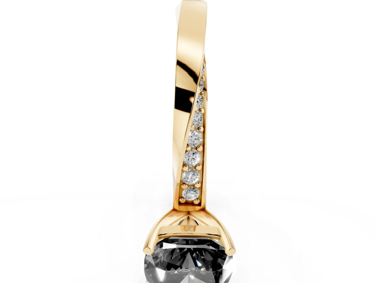Fancy Black Cushion Cut Diamond Engagement Ring with Side Stone Accents and Four-Prong Setting Yellow gold