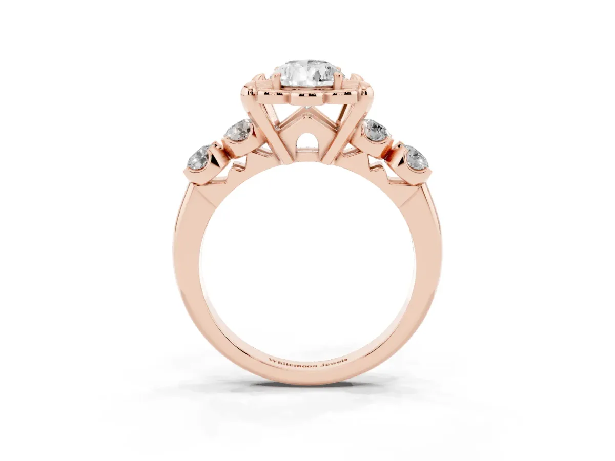 Pear Cut Cut Diamond Floral Halo Engagement Ring with Shared Prong Setting Rose gold