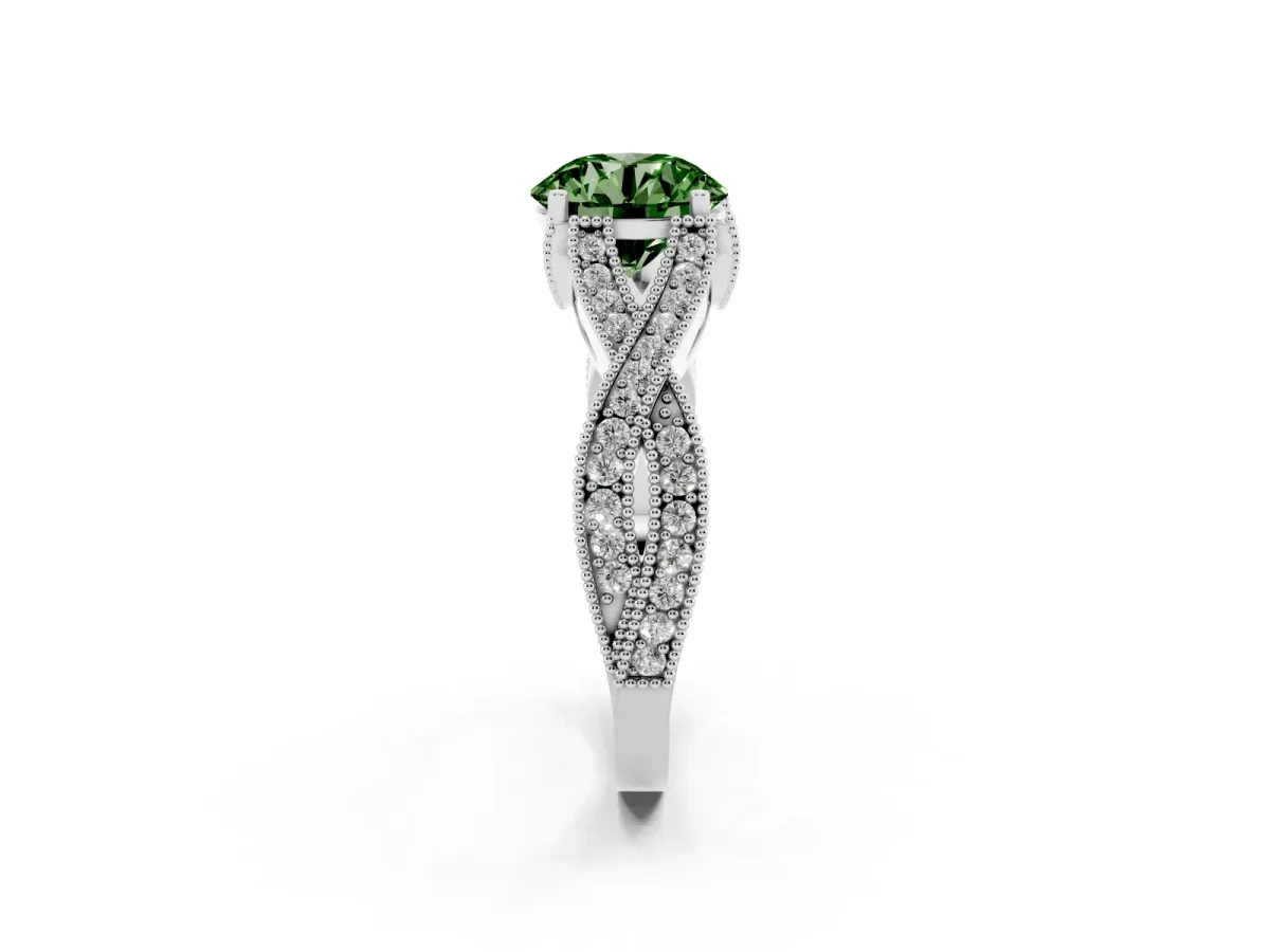 Fancy Green Round Cut Cut Diamond Twisted Band with Milgrain Pave Setting and Four-Prong Setting Silver