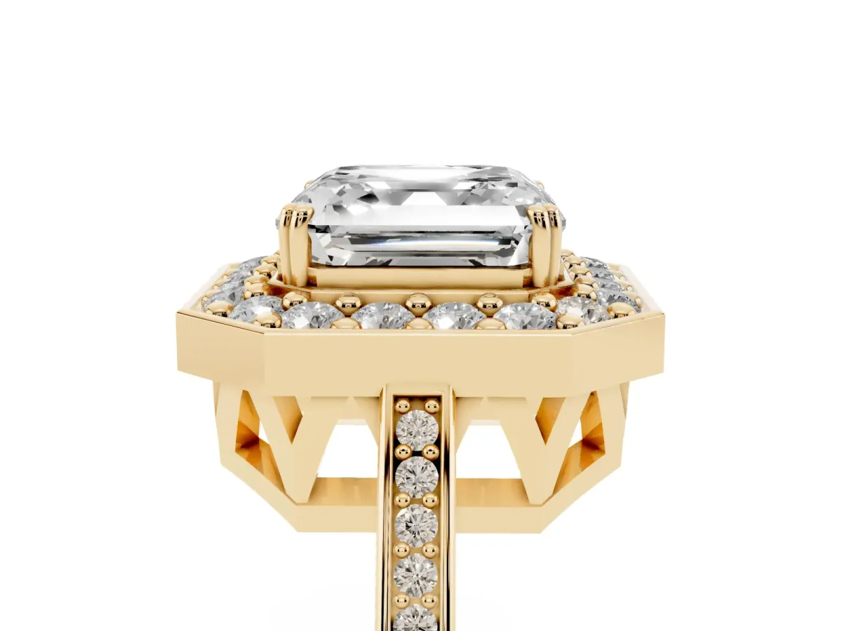 Asscher Cut Diamond Halo Ring with Split Shank and Four-Prong Setting Yellow gold