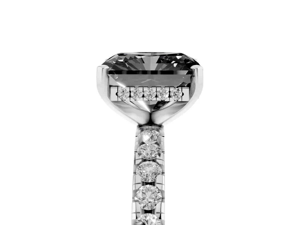 Fancy Black Radiant Cut Diamond Solitaire Ring with Round Pavé Band and Four-Prong Setting Silver