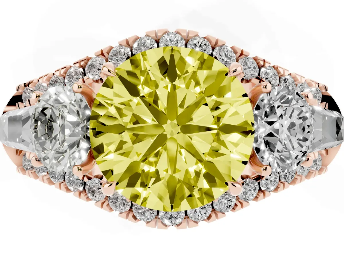 Fancy Yellow Three-Stone Round Cut Diamond Engagement Ring with Pave Band and Prong Setting Rose gold