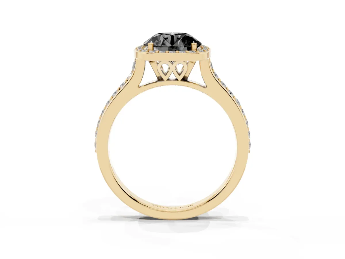 Fancy Black Round Cut Diamond Halo Engagement Ring with Round Pavé Shoulders and Prong Setting Yellow gold