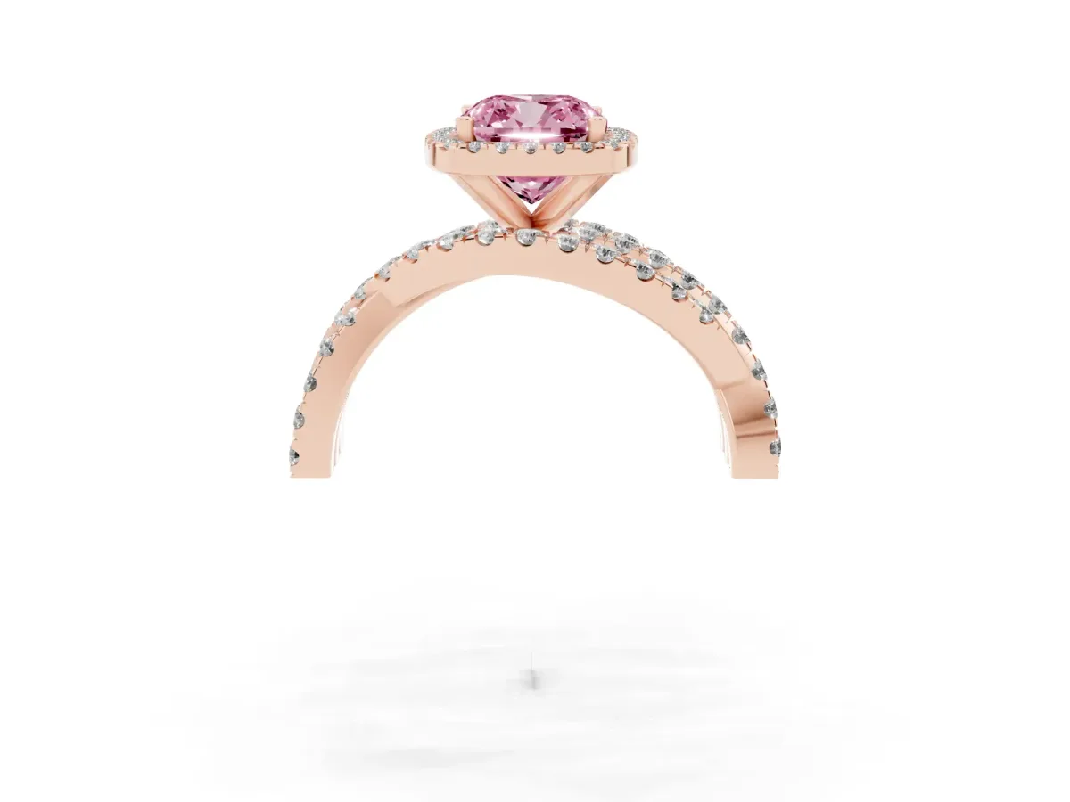 Fancy Pink Cushion Cut Diamond Halo Ring with Round Split Shank and Prong Setting Rose gold