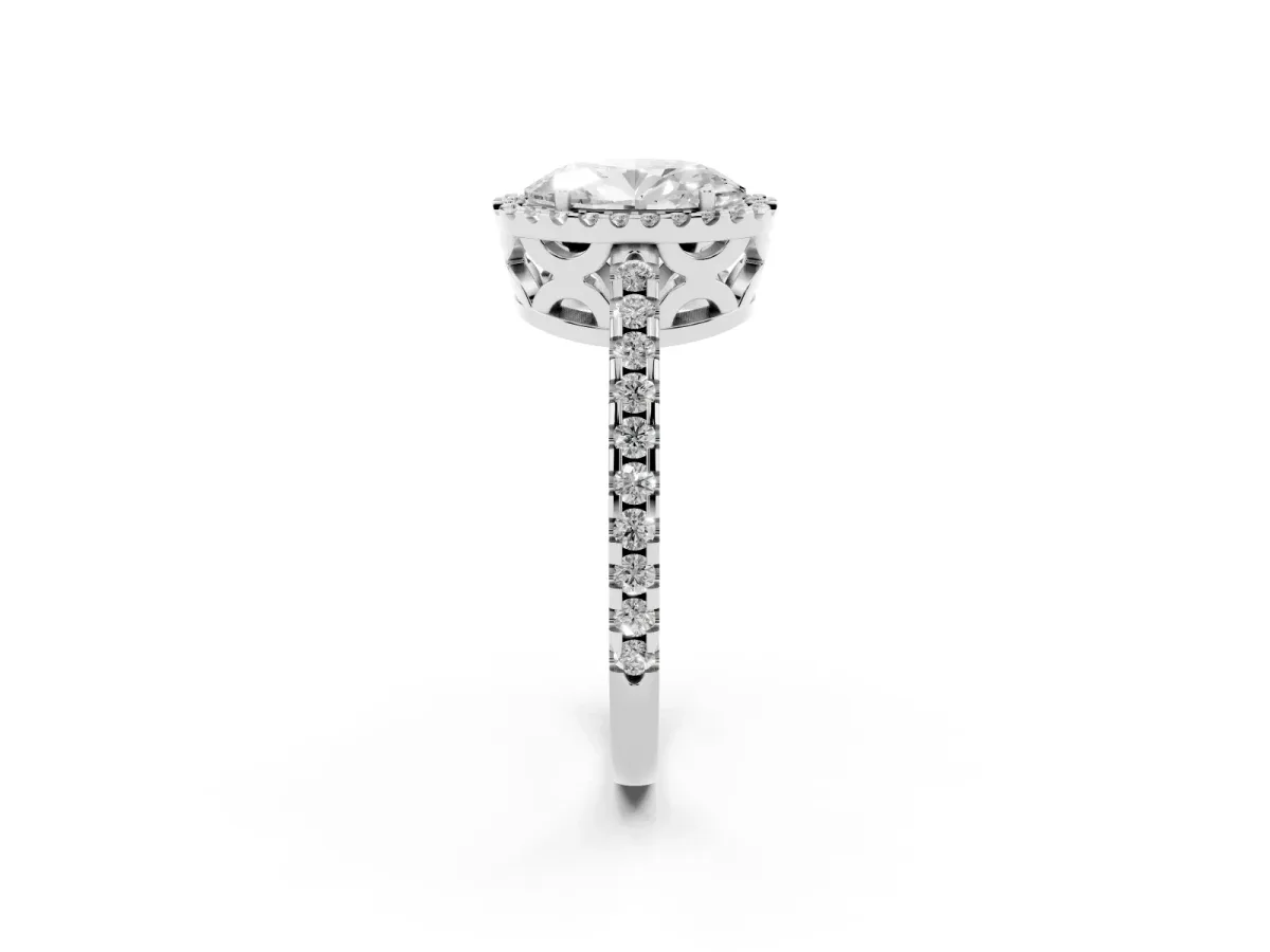 Oval Cut Diamond Halo Engagement Ring with Pavé Band and Prong Setting Platinum